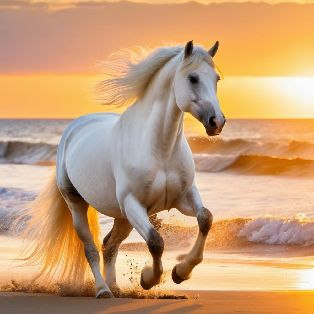 White Stallion On The Beach At Sunset