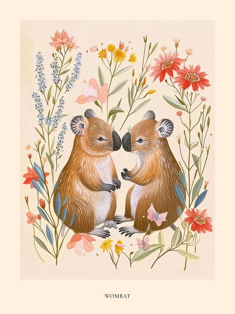 Folksy Floral Animal Drawing Wombat 4 Poster