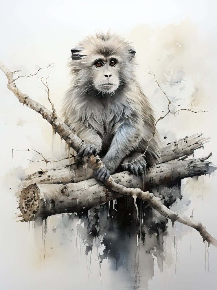 Monkey, Japanese Brush Painting, Ukiyo E, Minimal 1