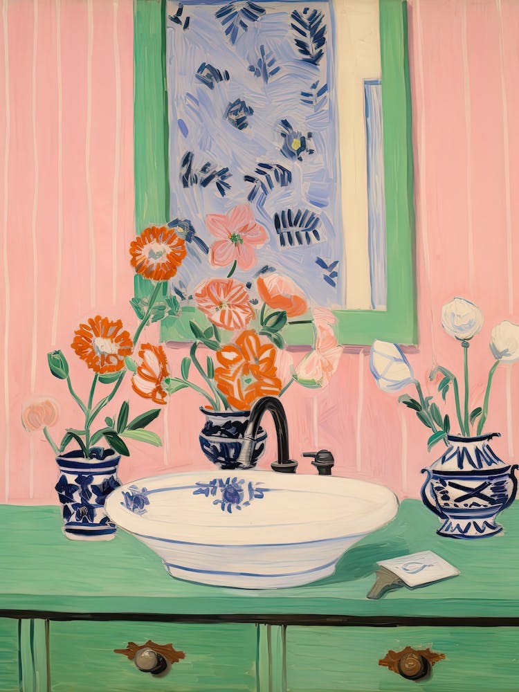 Bathroom Vanity Painting With A Cosmos Bouquet 1