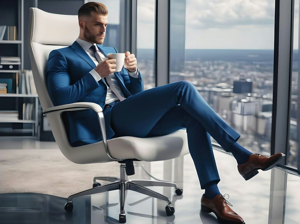 Bossy Young Anime Guy In Ultra Modern Office,Sipping Coffee