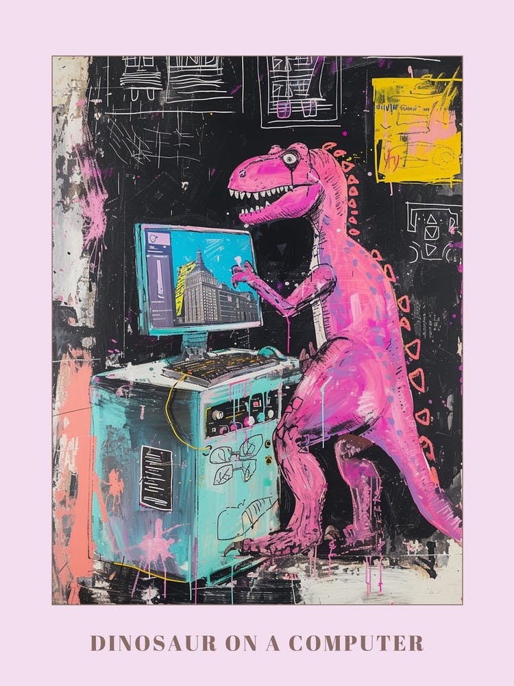 Abstract Dinosaur On The Computer Paint Splash Pink 2 Poster