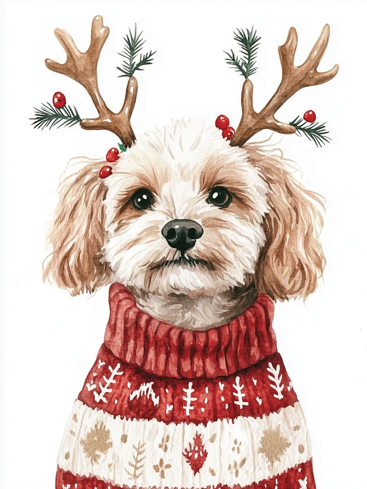 Cavapoo In Christmas Jumper And Antlers Neutral