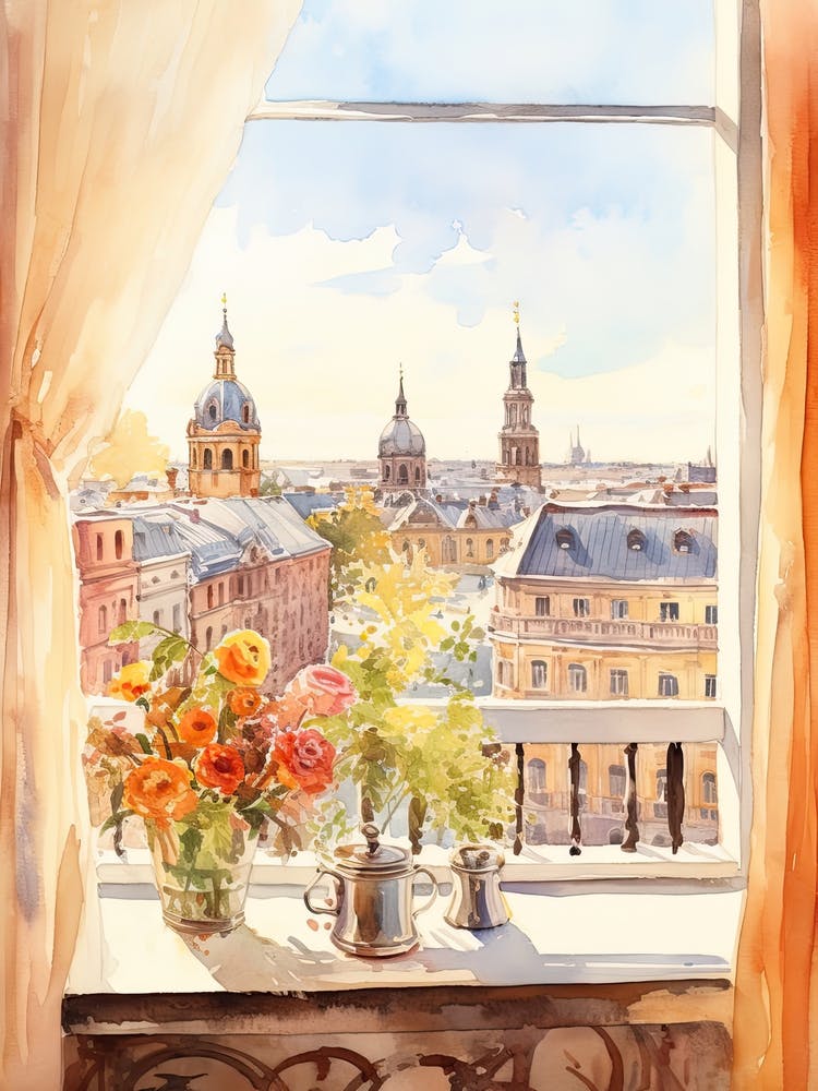 Window View Of Helsinki Finland In Autumn Fall, Watercolour 1