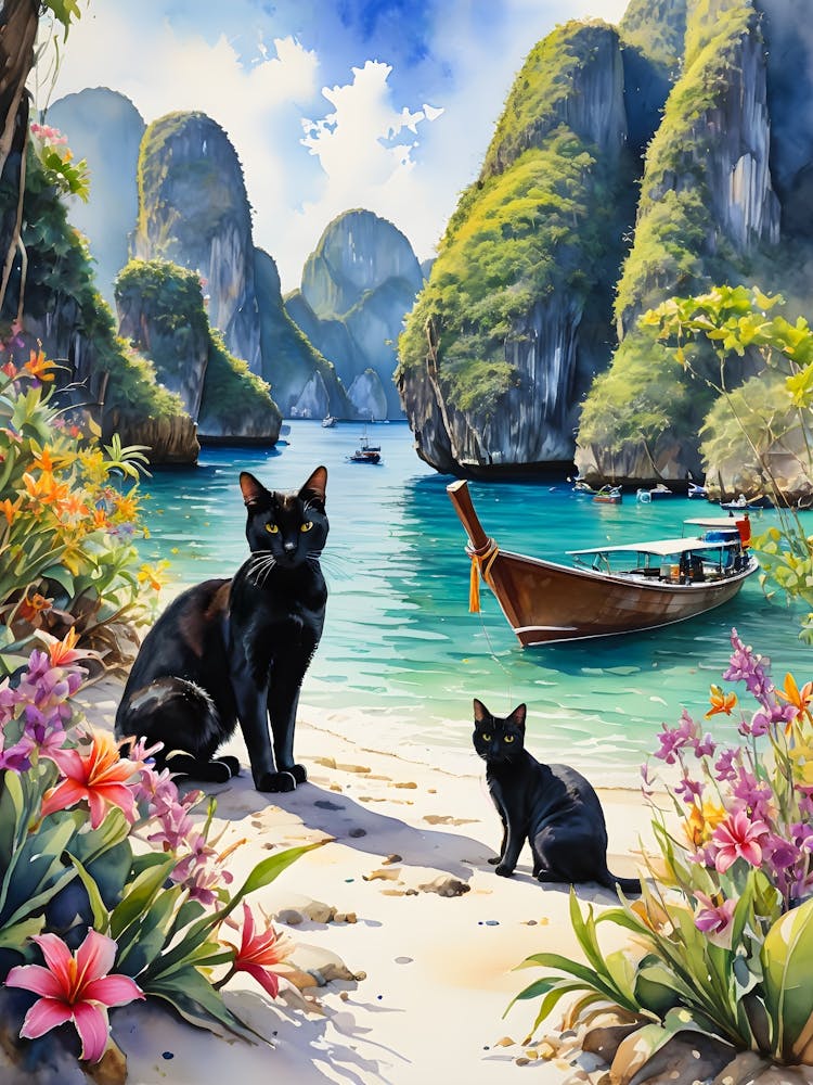 Black Cats in Thailand - Watercolour Mama Cat and Kitten at the Beach Phi Phil Islands Krabi Backpacking Travel Art Perfect Print for Gallery Feature Wall - Wicca Pagan Tropical Exotic Paradise