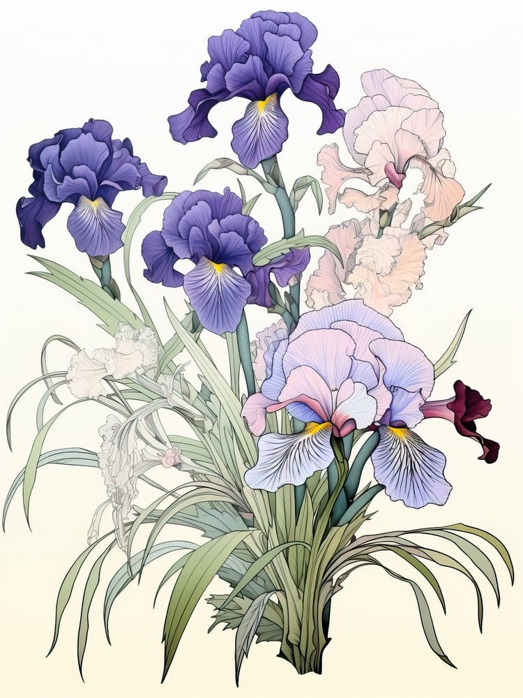 Great Wave With Iris Flower Drawing In The Style Of Ukiyo E 2