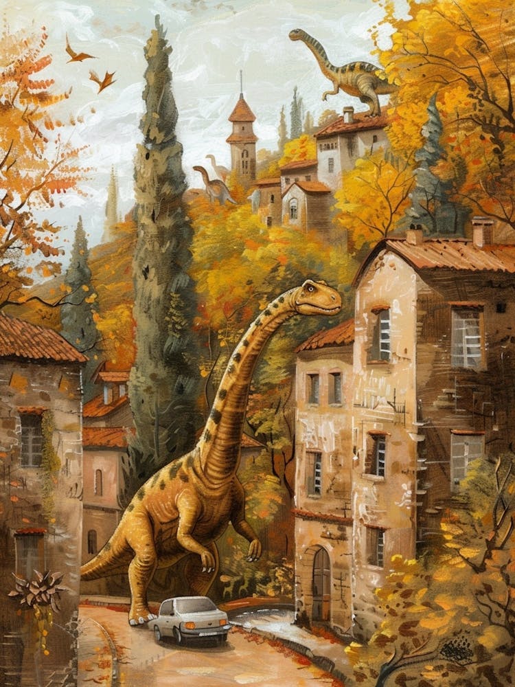Dinosaurs In A Autumnal Mediterranean Painting 2