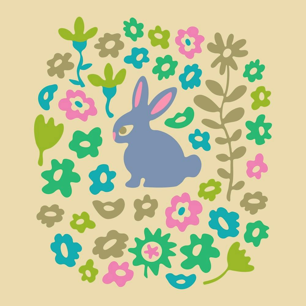 BUNNY RABBIT Cute Animal and Flowers in Springtime Pastels Purple Green Blue Pink Beige Kids
