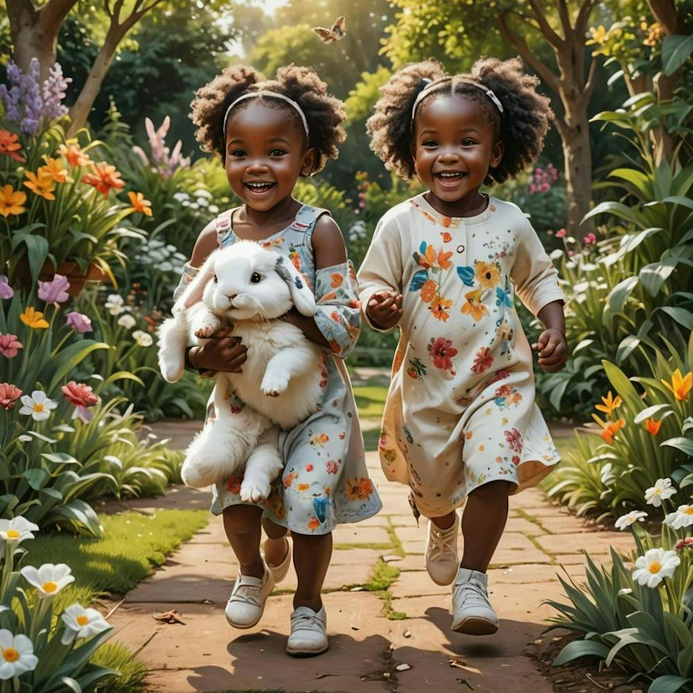 Two Little African Girls Happy In A Garden Holding A White Rabbit