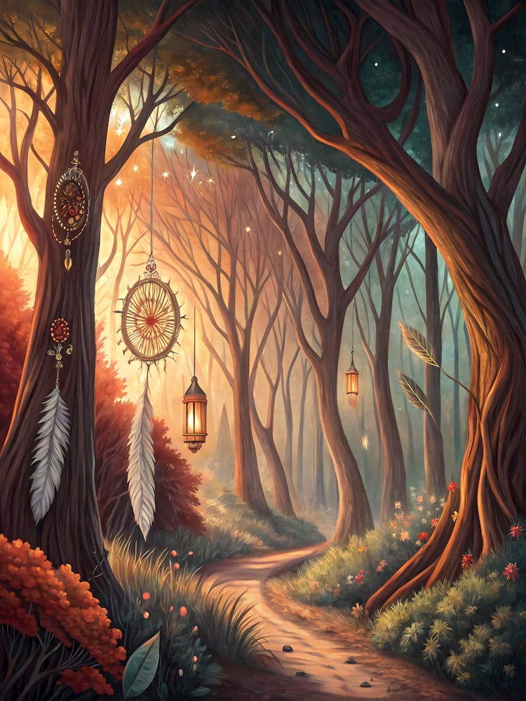 Oil Painting Style Enchanted Forest Pathway Mystical Dreamcatcher & Lanterns