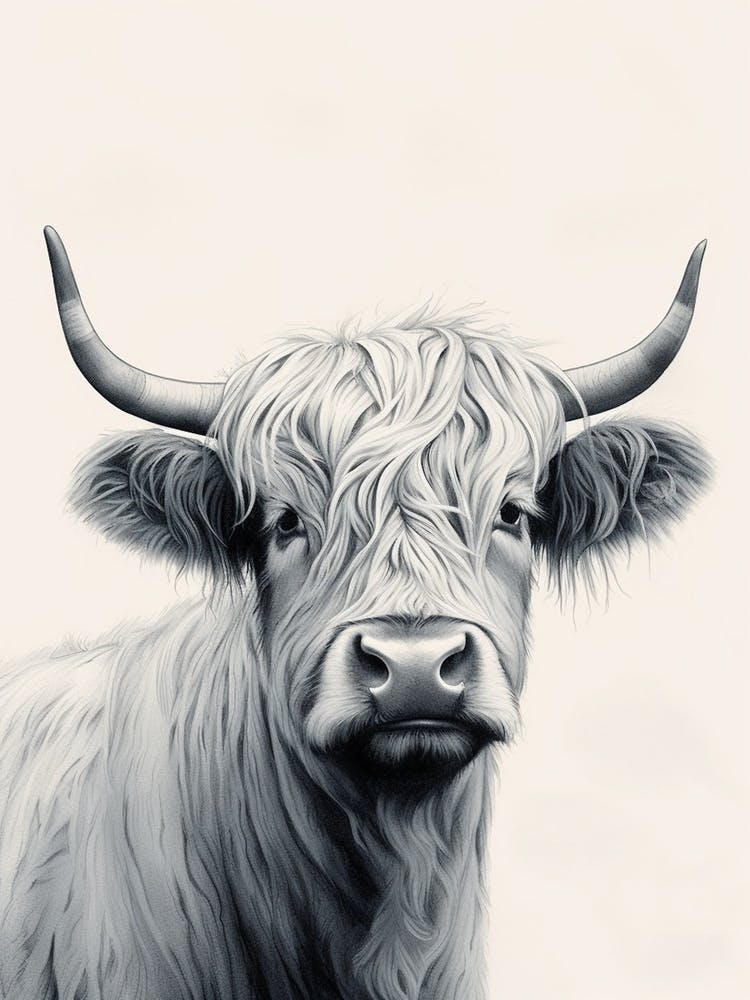 Black & White Ink Painting Of Highland Cow 7