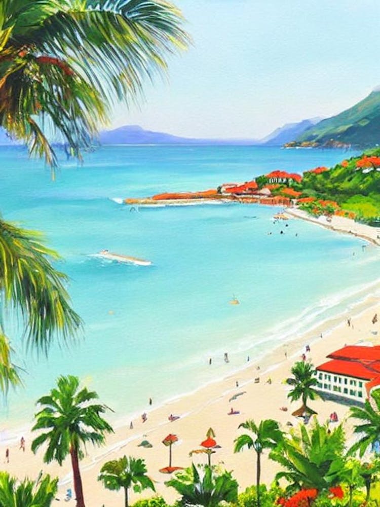 Sveti Stefan Beach, Montenegro Zeitgenössische Illustration 1