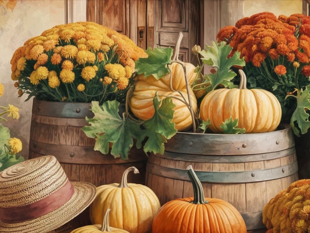 Autumn Harvest Still Life - Pumpkins and Apples