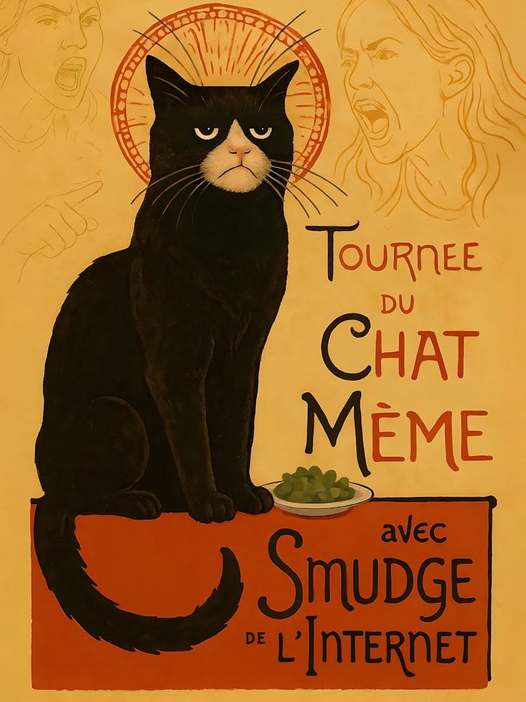 Smudge Meme Cat – Chat Noir Parody Poster: A vintage parody of the iconic Smudge meme meets French noir flair. Featuring a grumpy black cat, chat noir style, and angry woman energy, this funny feline art blends classic humor with meme culture — perfect fo