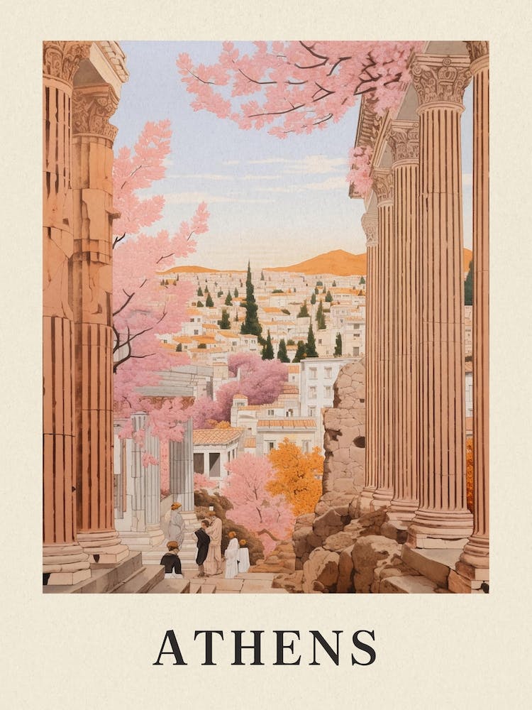 Athens Greece 4 Vintage Pink Travel Illustration Poster