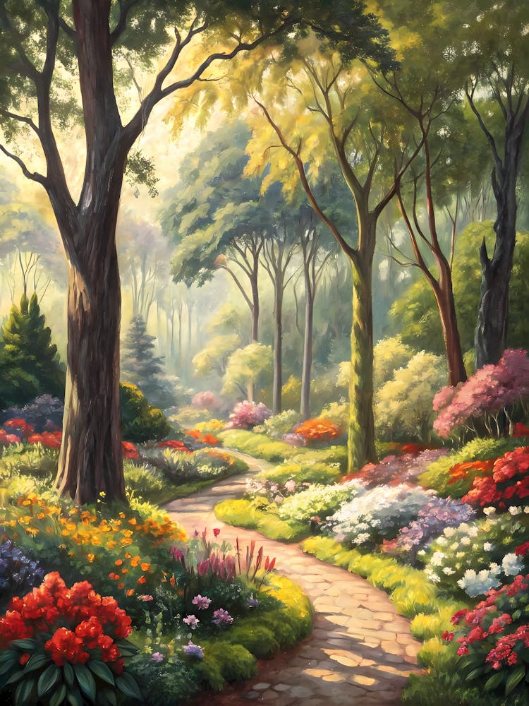 Vibrant Garden Bed Surrounded by Lush Trees Oil Painting Style