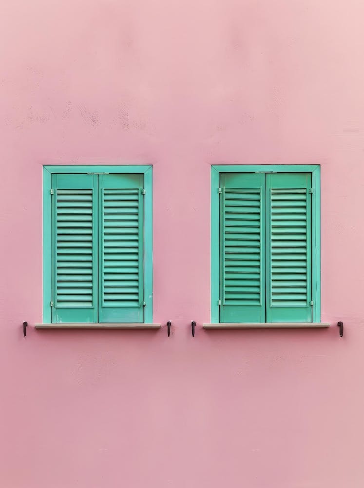 Two Green Shutters On A Pink Wall
