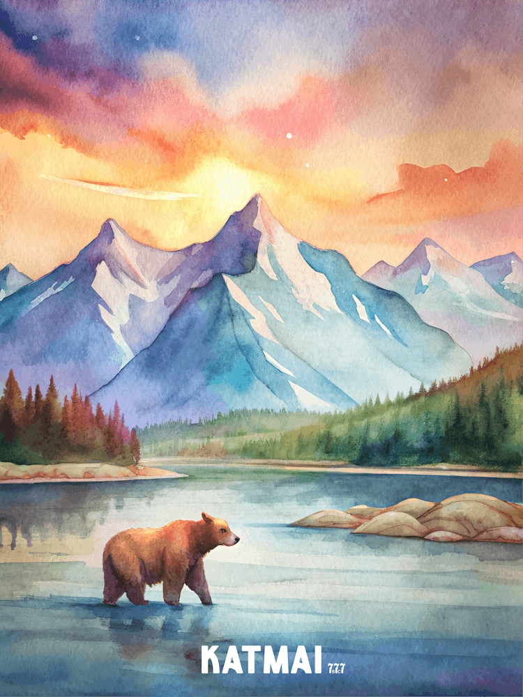Katmai National Park Aquarell Gemälde Landschaft