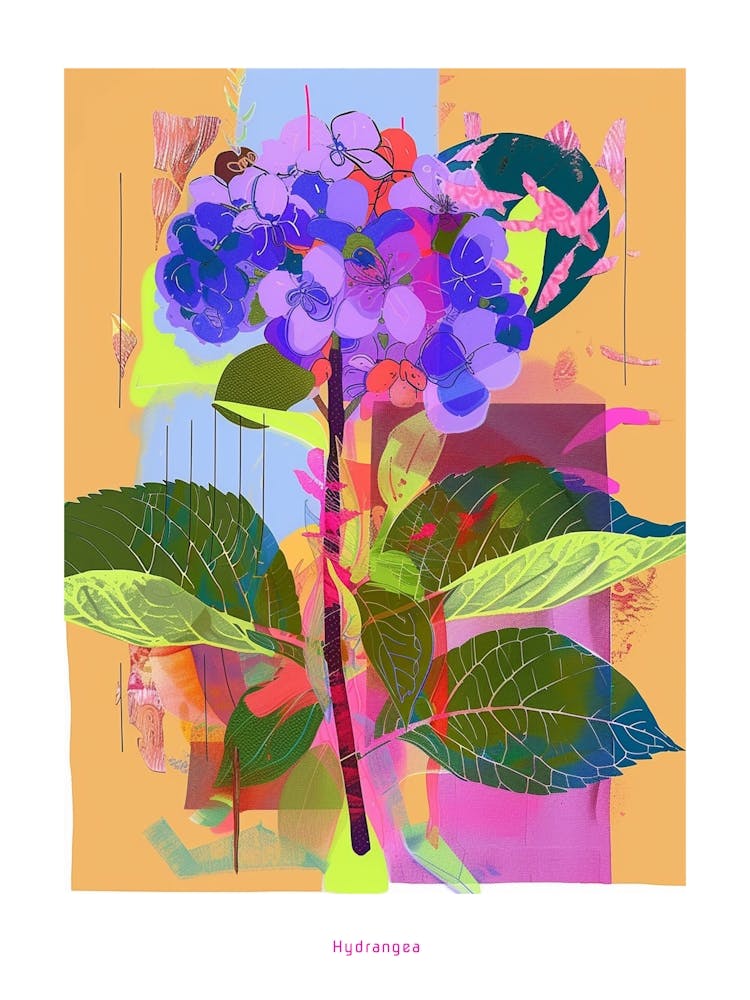 Hydrangea 2 Neon Flower Collage Poster
