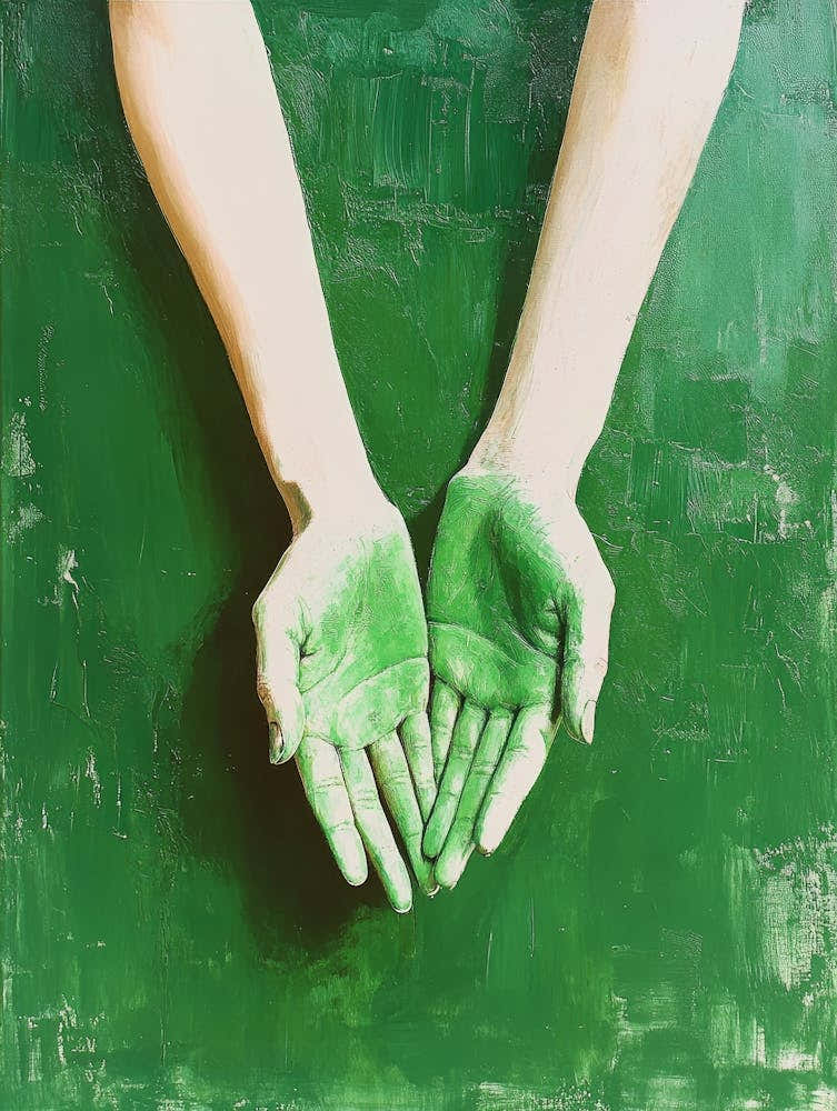 Green Hands Of Young Woman On Green Painting 1