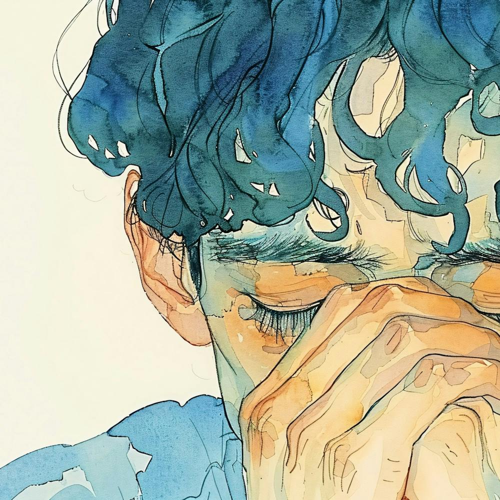 Garçon triste aux cheveux bleus