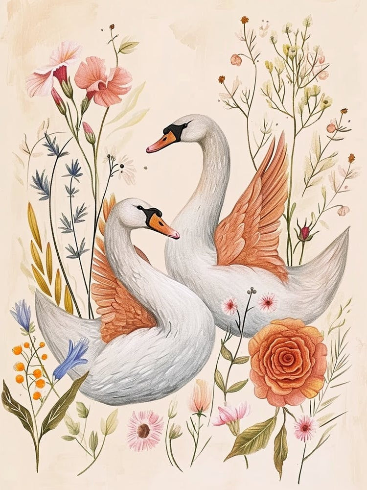 Folksy Floral Animal Drawing Swan 2