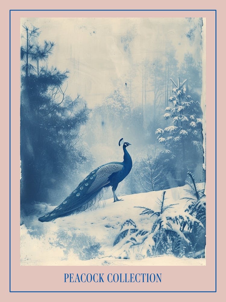 Cyanotype Inspired Peacock Snow Scene 1 Poster