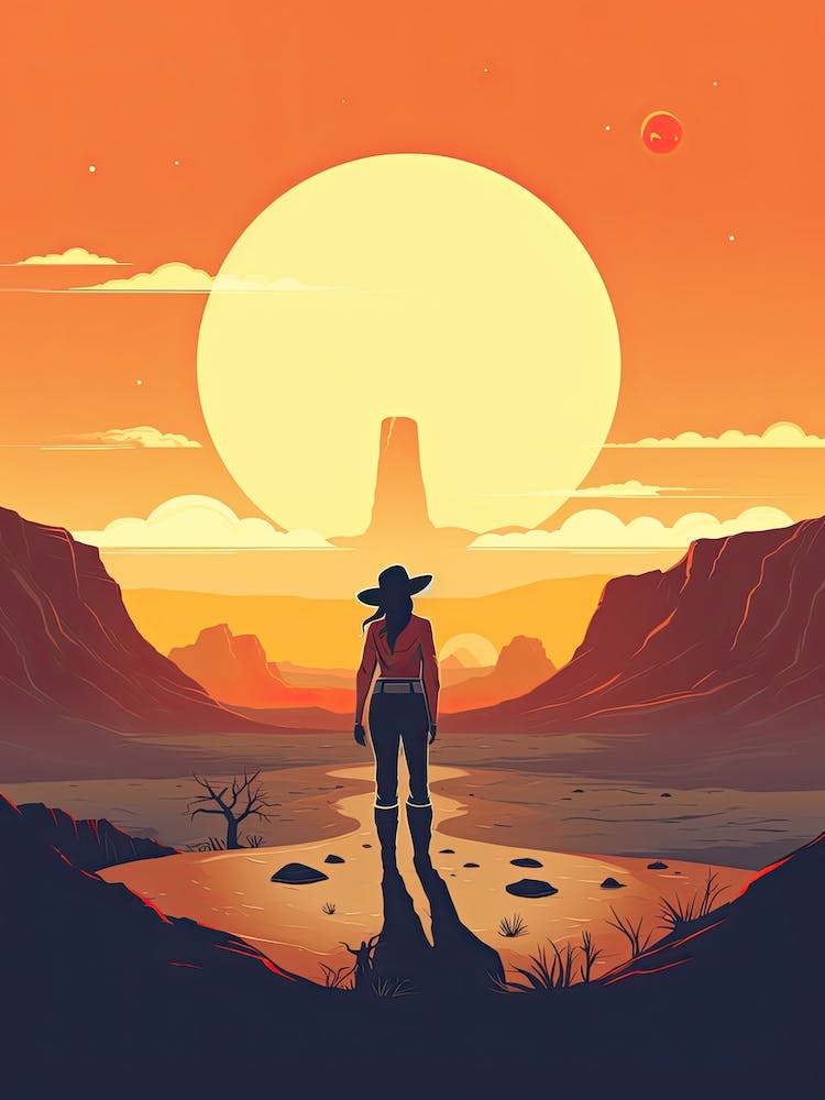 Cowgirl Riding A Horse In The Desert Orange Tones Illustration 11