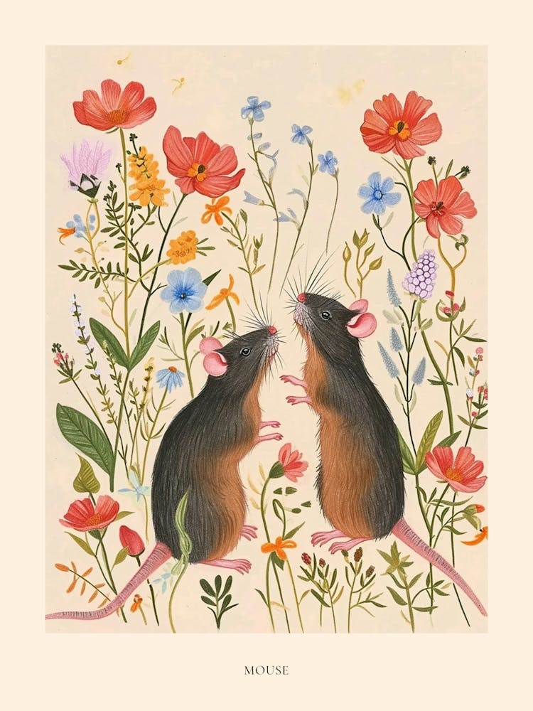 Folksy Floral Animal Drawing Mouse 4 Poster