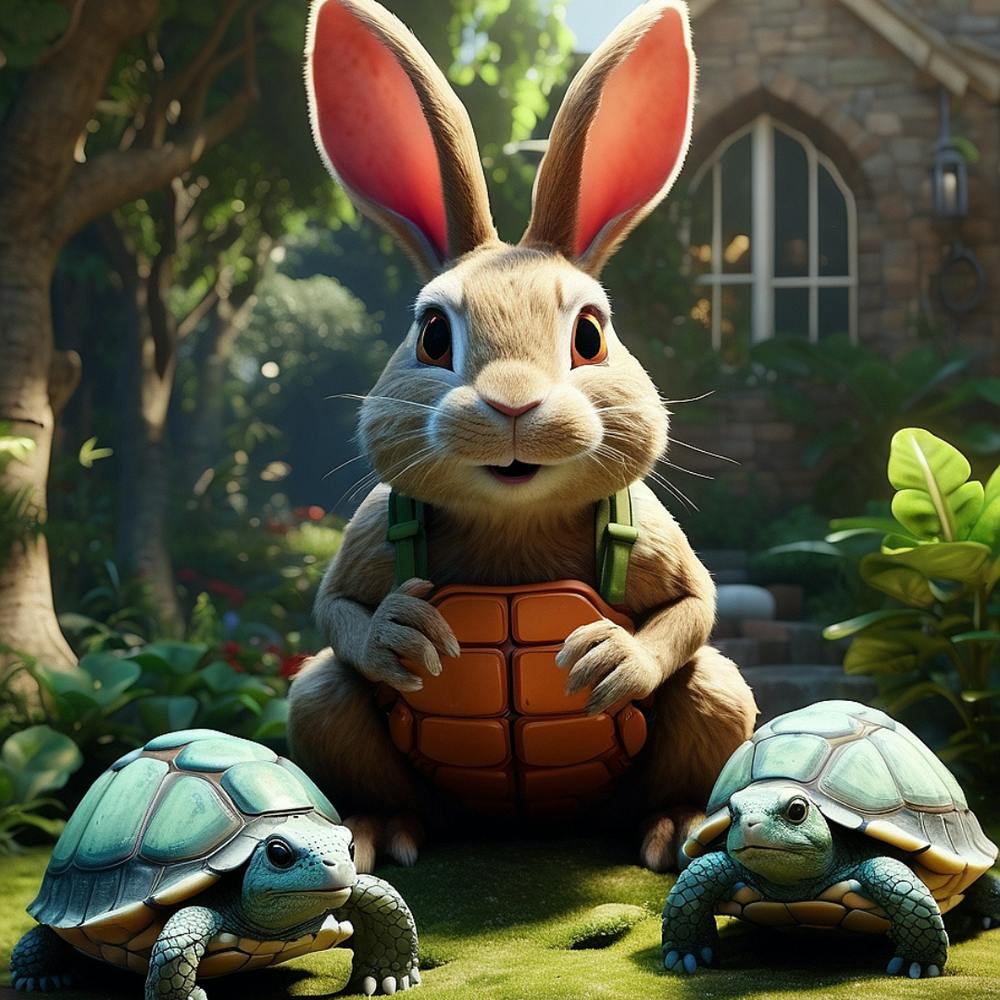 A rabbit meets two turtles in the garden