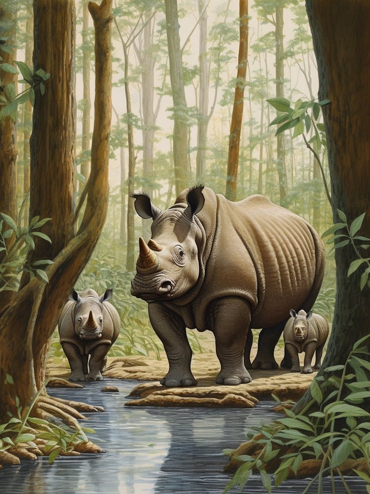 Rhino With Baby Rhinos By The Lake