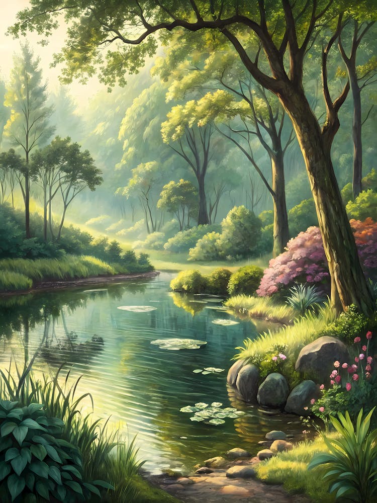 Tranquil Forest River oil Painting Lush Woodland Landscape with Pond and Flowers