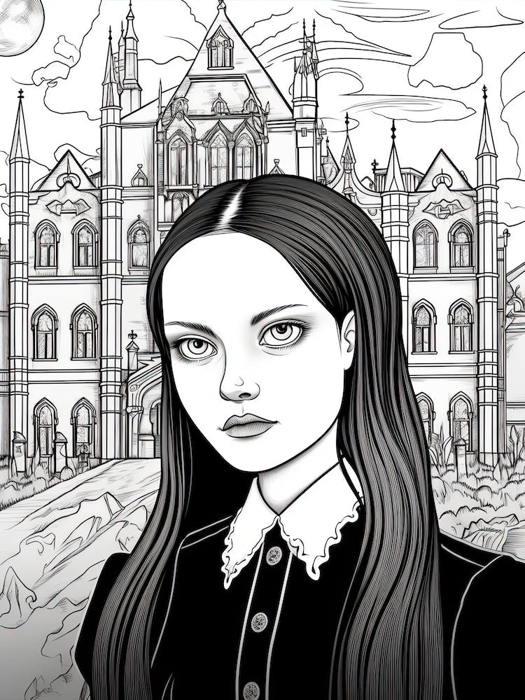 Nevermore Academy With Wednesday Addams Line Art 01 Fan Art
