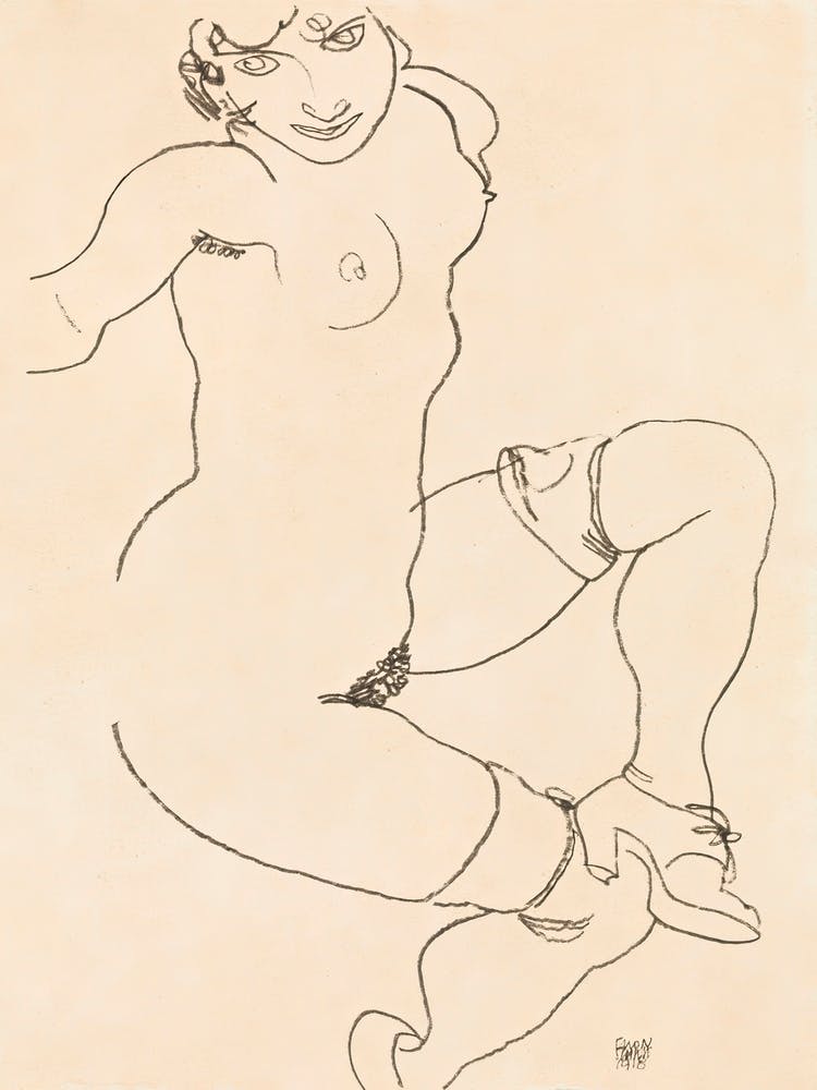Naked Lady In Lingerie, Seated Nude In Shoes And Stockings (1918), Egon Schiele