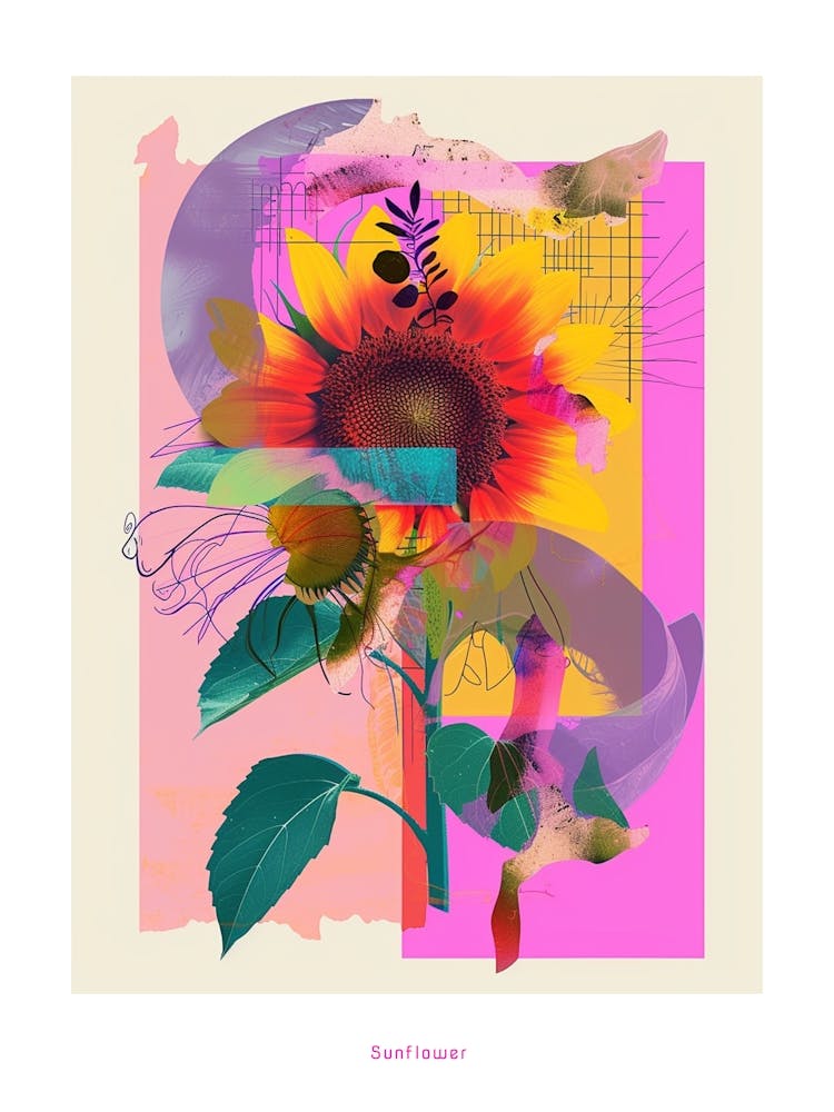 Sunflower 4 Neon Flower Collage Poster