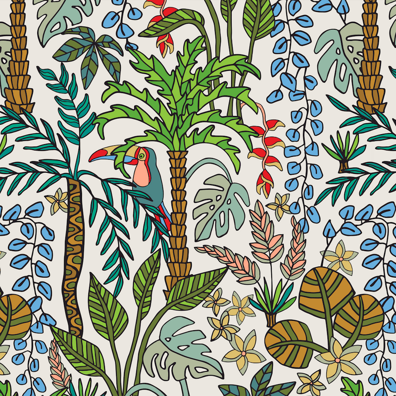 COLOURING BOOK JUNGLE Floral Doodle Tropical Palm Trees Monstera Plants Toucan Line Drawing in Retro 70s Colors