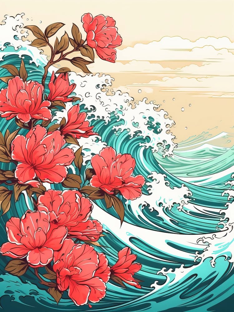 Great Wave With Rhododendron Flower Drawing In The Style Of Ukiyo E 3