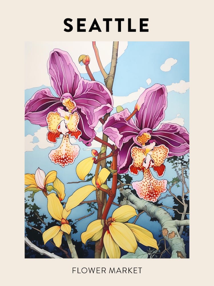 Seattle États-Unis - Affiche Marché aux Fleurs Botanique