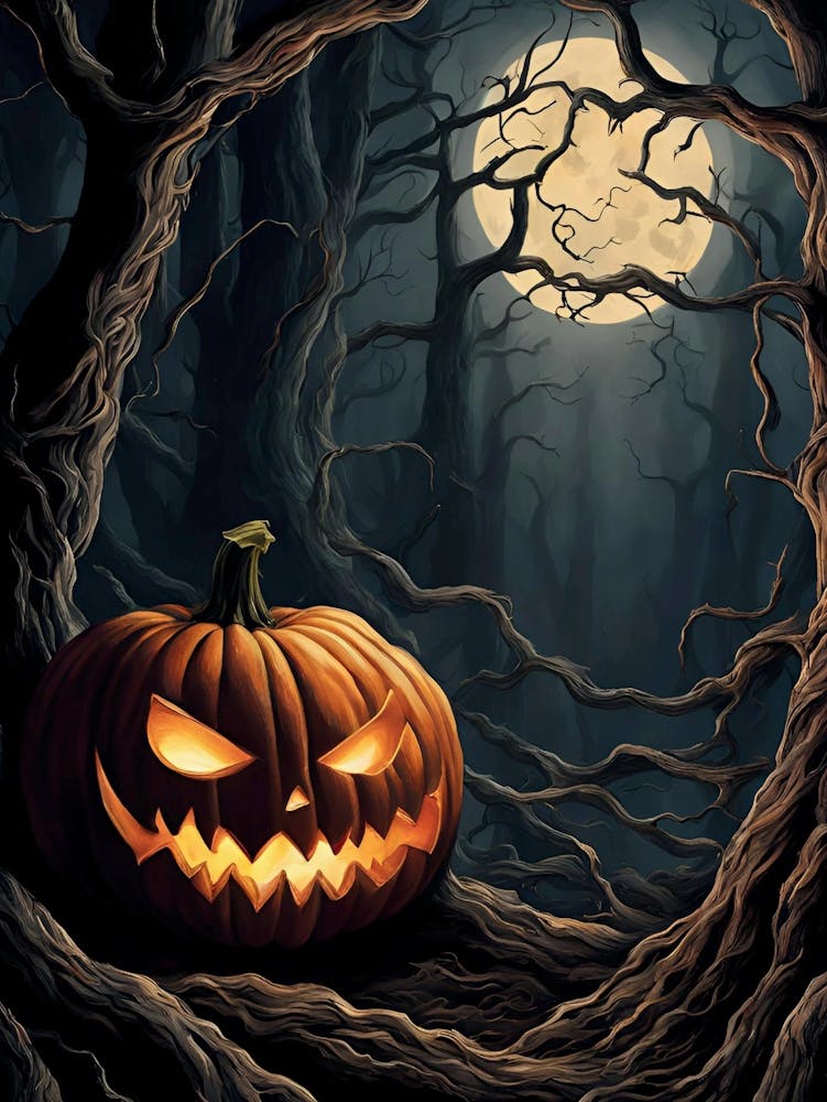 Gruseliger Kürbis im dunklen Wald, Halloween-Deko 1