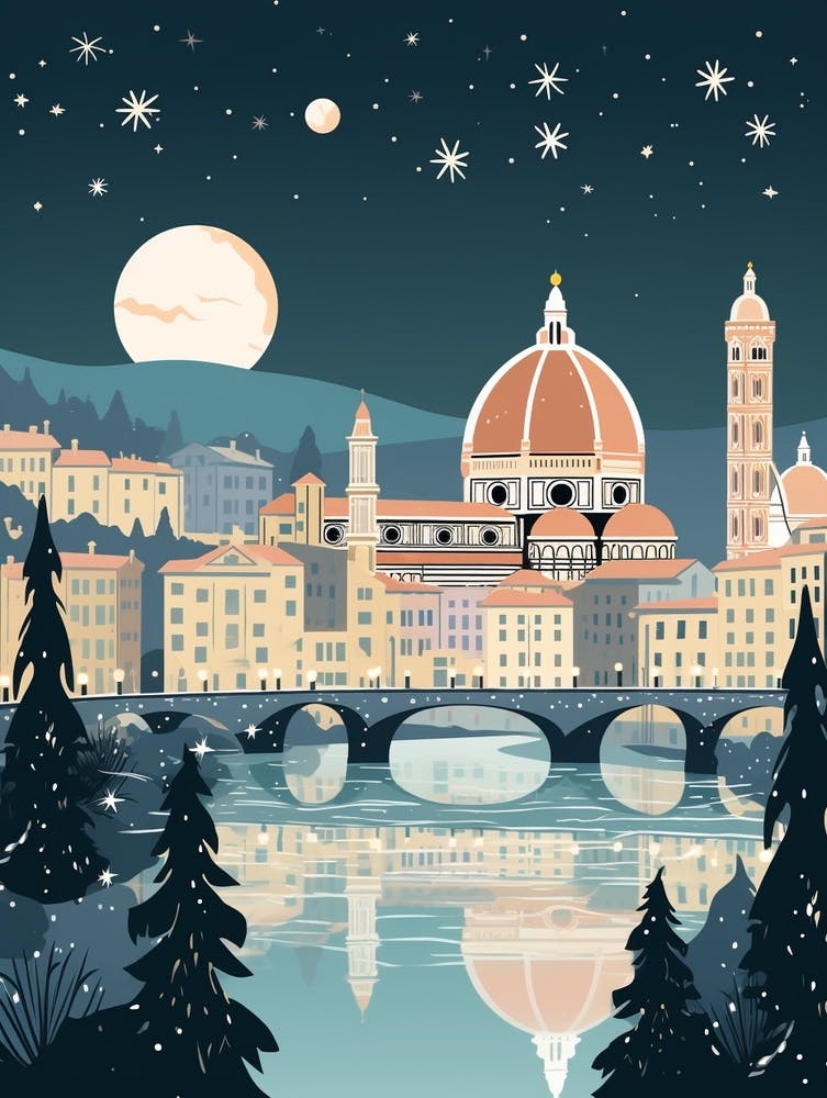 Winter Travel Night Illustration Florence Italy 4