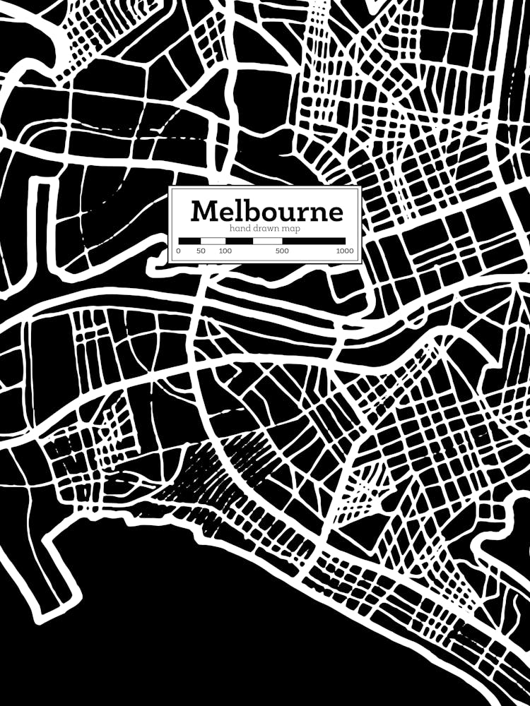 Stadtplan Melbourne, Australien — Handgezeichnete Karte, Vektorkarte in Schwarz