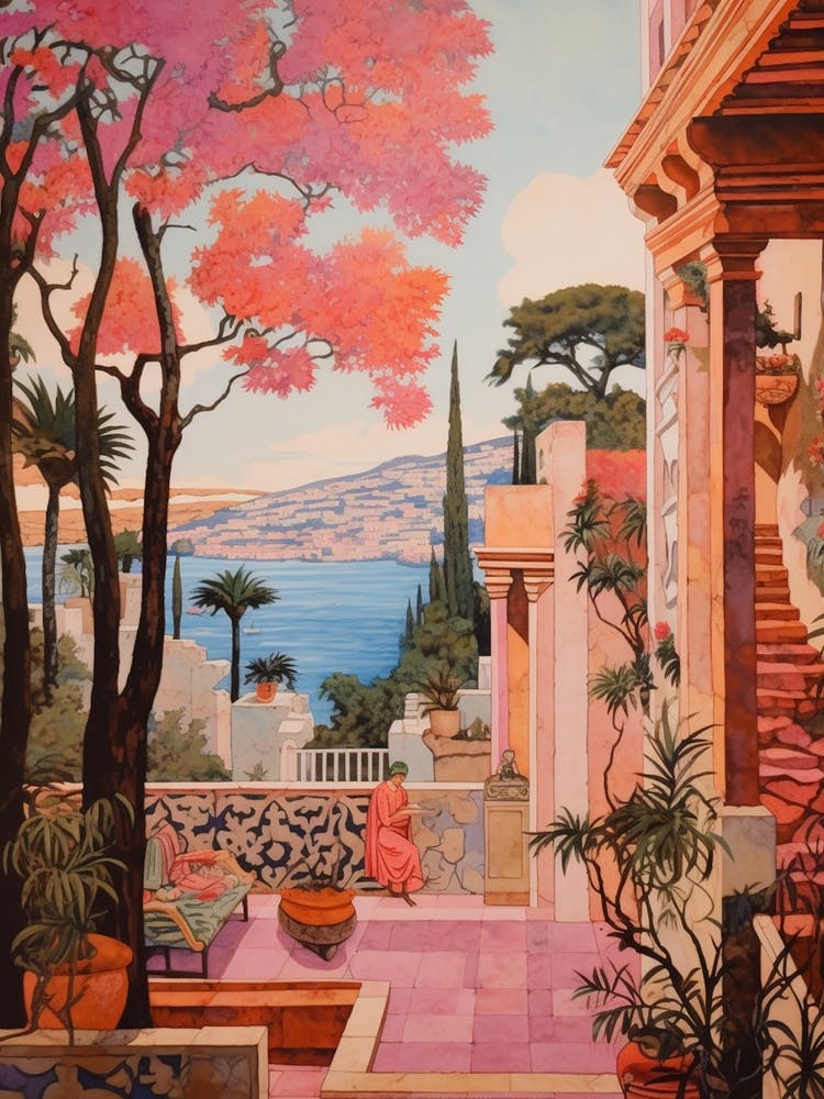 Bodrum Turkey 2 Vintage Pink Travel Illustration