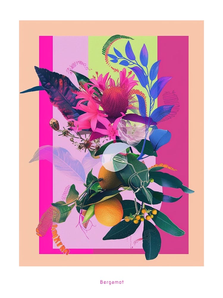 Bergamot 2 Neon Flower Collage Poster