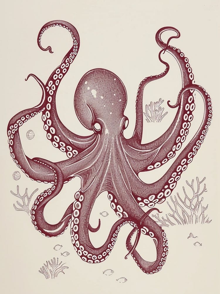 Red Linocut Inspired Octopus 2