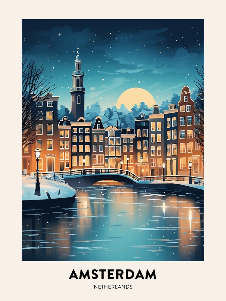 Winter Night  Travel Poster Amsterdam Netherlands 4