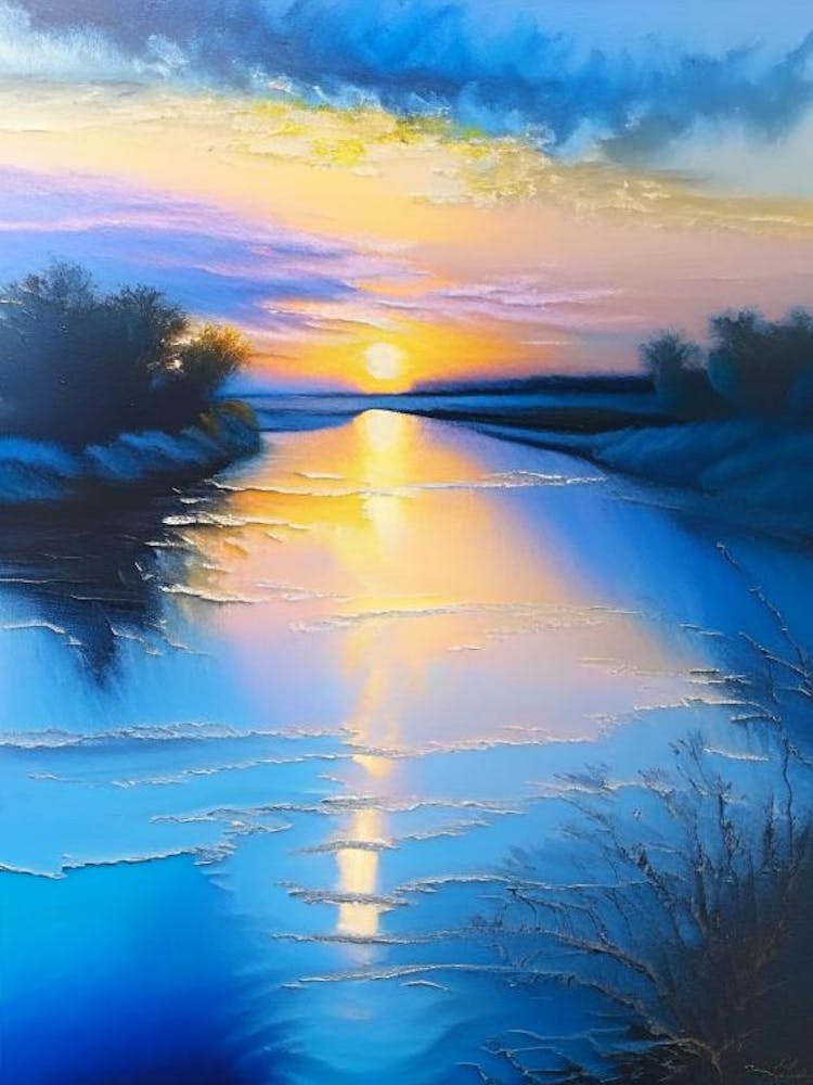 Sunrise Over River Waterscape Marble Acrylic Painting 1