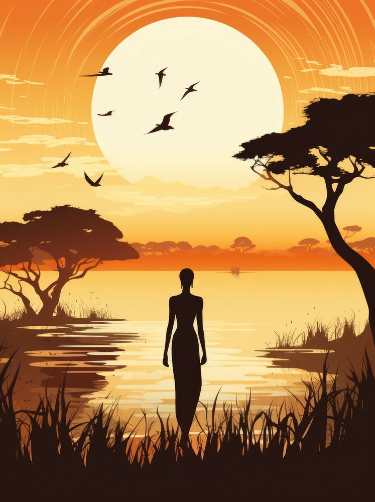 Silhouette Of African Woman At Sunset