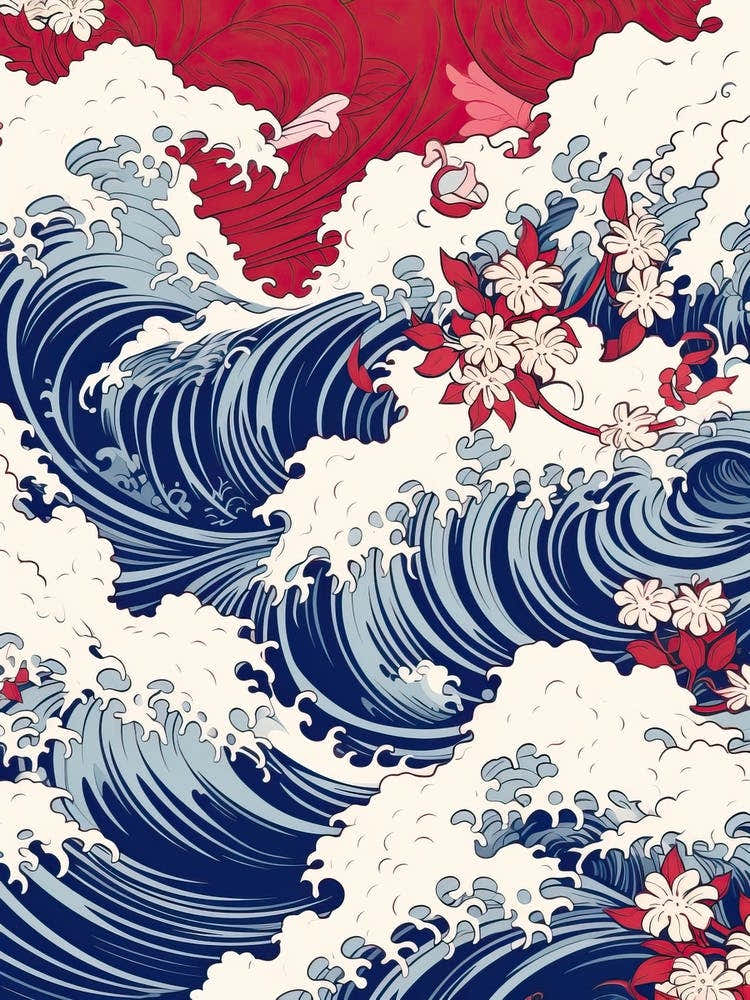Great Wave With Lily Flower Drawing In The Style Of Ukiyo E 4