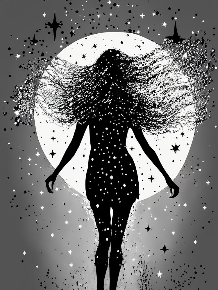 Stellar Silhouette of a Woman in Cosmic Moonlight