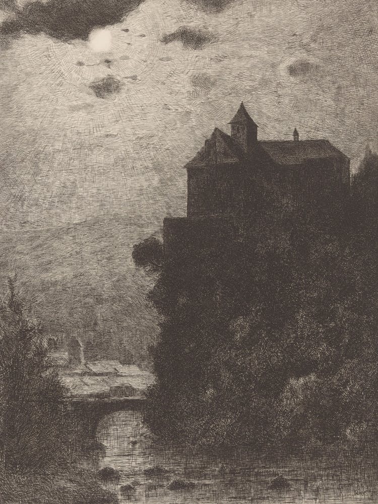 Vintage Spooky Castle On A Hill